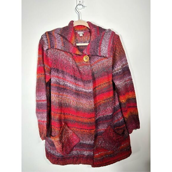 J Jill Sweater PonchoRed Purple Striped Pocket 1 Button Wool Blend - Picture 1 of 8